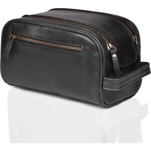 Women's Black Premium Leather Toiletry Travel Pouch Handbag With Waterproof